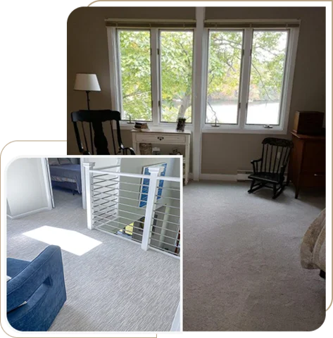 Two views of wall to wall carpet installation