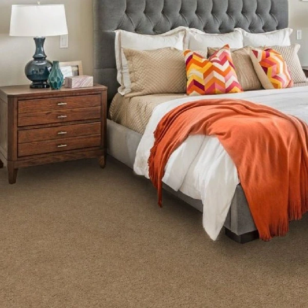 light brown plush wall-to-wall carpet in a bedroom.