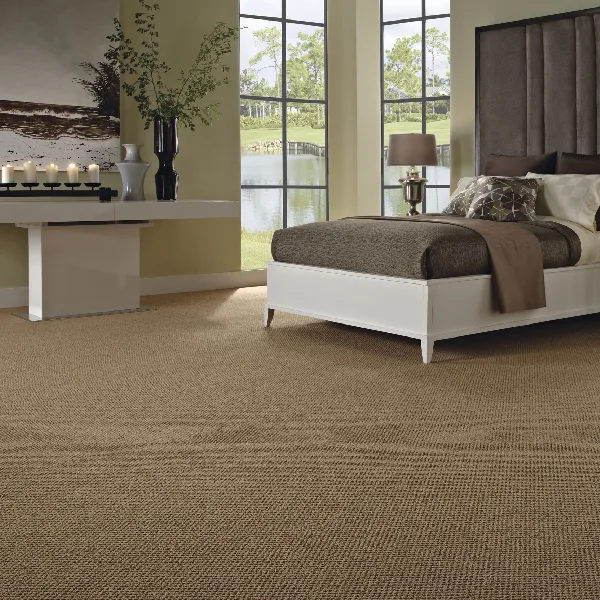 tan wall to wall carpet filling a bright bedroom