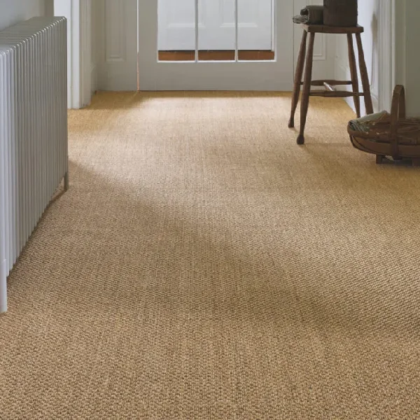 Light brown textured sisal wall-to-wall carpet.