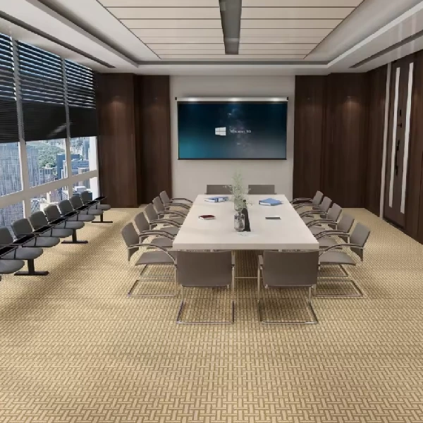 Tan wall-to-wall carpet with a subtle geometric pattern