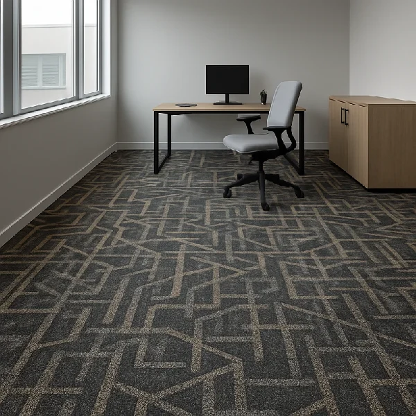 Wall-to-wall office carpet with an abstract geometric pattern.