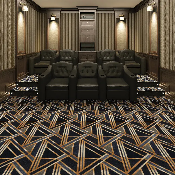wall-to-wall carpet in black, gold, and blue in a home theater.