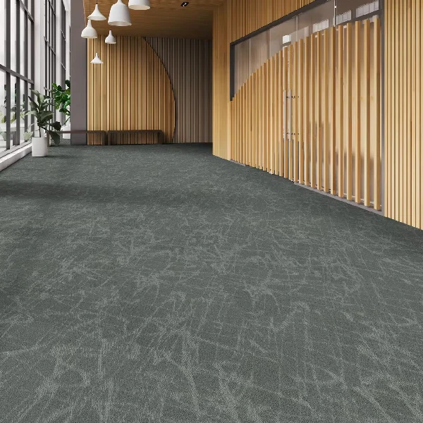 Commercial space with patterned grey carpet